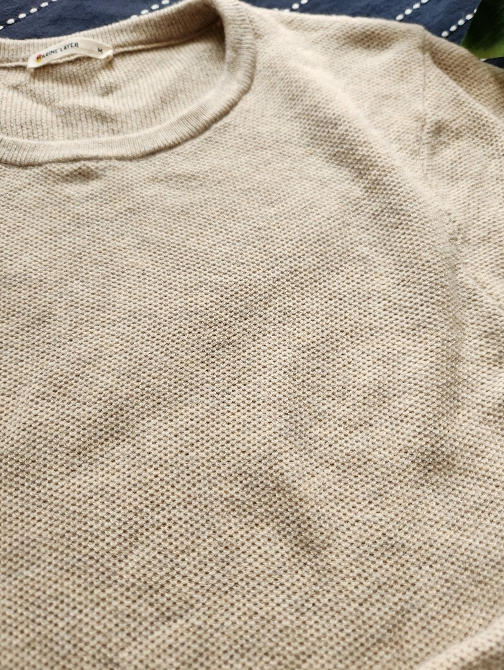 Marine Layer Merino Blend Crewneck Sweater Tee Long Sleeve Tan Beige Size Medium - Picture 4 of 7